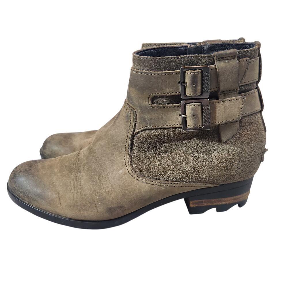 Sorel Women’s Leather Ankle Boots Size 10 Brown taupe Moto Buckle Strap Booties